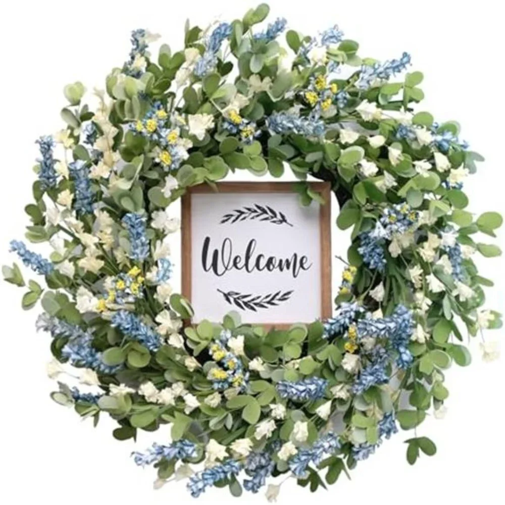 Artificial Leaves and White Flowers Wreath with Welcome Sign, 20 inch